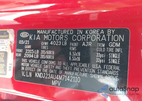 2021 Kia Soul Lx из США, поврежденный, VIN KNDJ23AU4M7142110